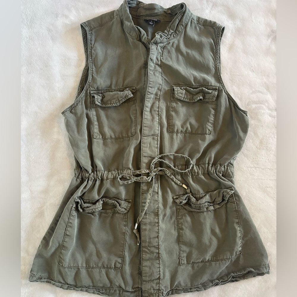 A.N.A Olive Utility Safari Vest Drawstring Waist Cargo Pocket Lyocell Large - Picture 2 of 11